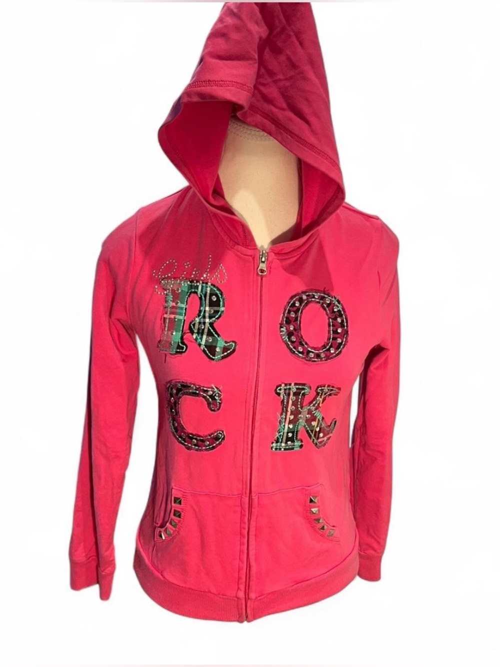 Pink Hoodie Zip Front Jacket with Studded Lettering